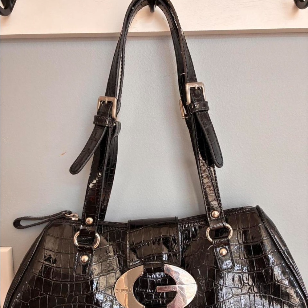 Black Croc-Embossed Patent Shoulder Bag with Silver Hardware
